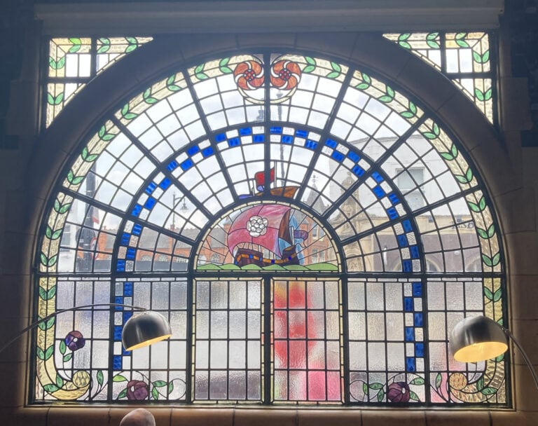 Heraldic ship and rose stained glass window, The Rose Villa Tavern, Birmingham