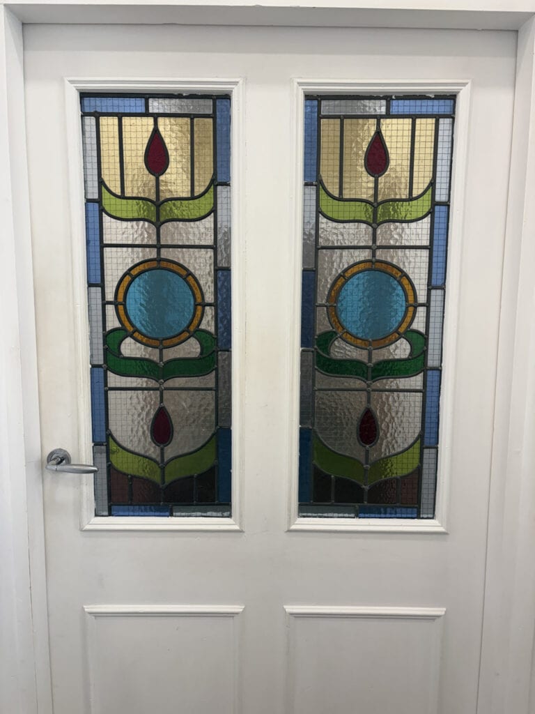 Art Nouveau stained glass fire door panels, Archway Health, Market Harborough