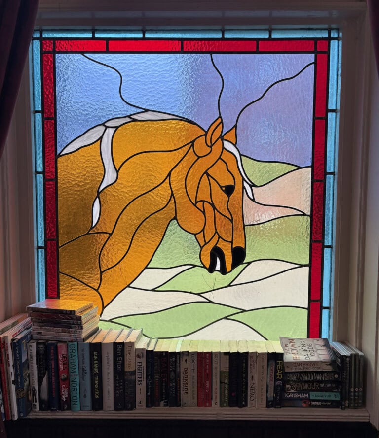 Stained glass horse head window, The Nags Head pub, Market Harborough