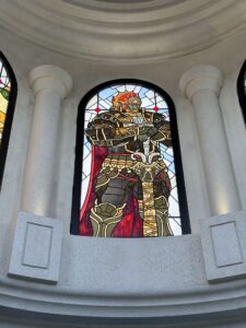 Arched Dome Window with Armoured Figure and Red Cape, Leaded Stained Glass