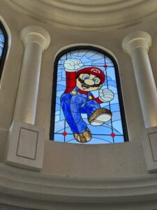 Arched Dome Window with Character in Red Cap and Blue Dungarees, Leaded Stained Glass
