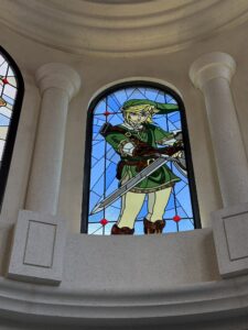 Arched Dome Window with Swordsman in Green Tunic, Leaded Stained Glass