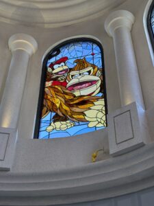 Arched Dome Window with Two Gorilla Characters, Leaded Stained Glass