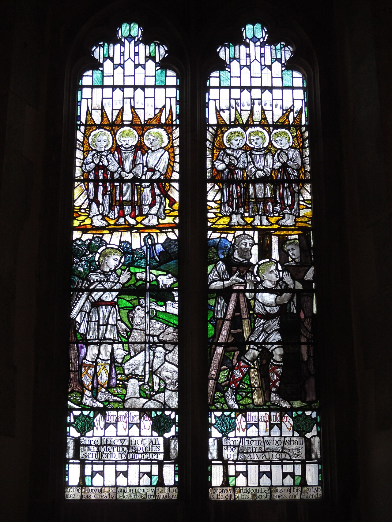 Stained glass window by Christopher Whall showing St Cuthman, in the parish church at Steyning, West Sussex