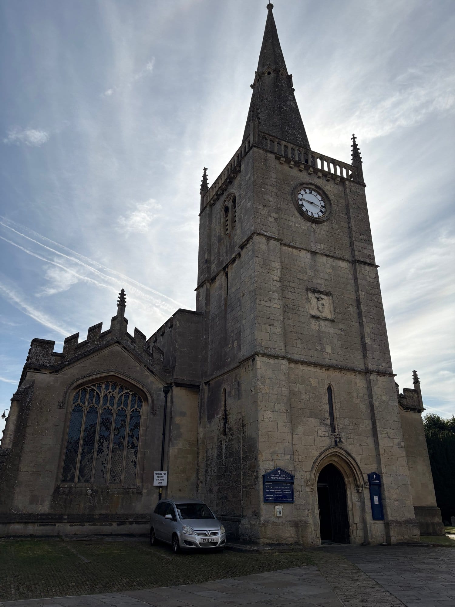 Church tower and spire from the market place, Chippenham