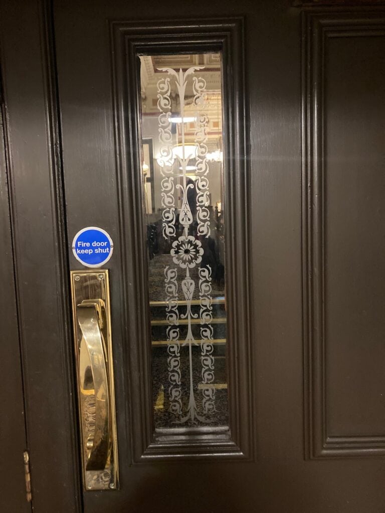 Narrow etched glass panel with scrolls and a central rosette in a black fire door