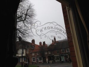 Window with Scrolled Lettering and a Street View, Acid Etched Glass