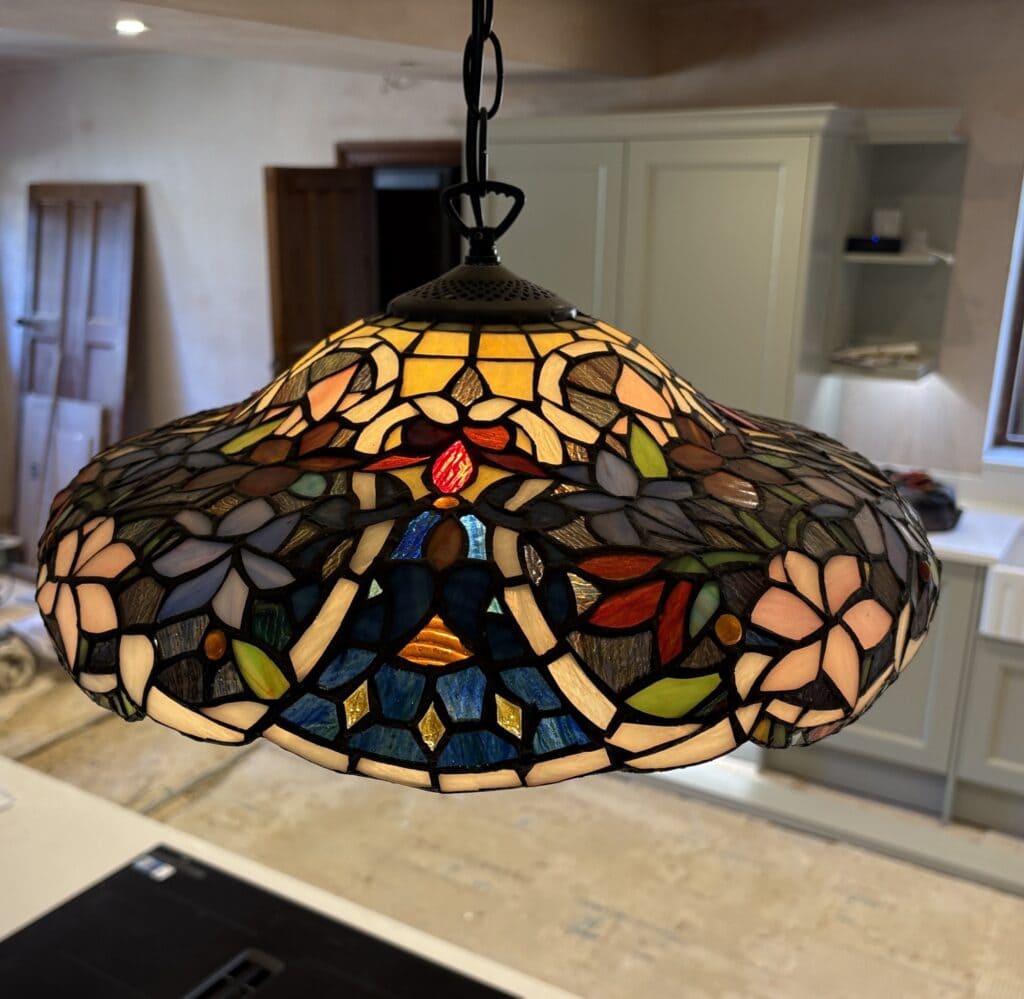 Floral pendant lamp copper foil stained glass close up