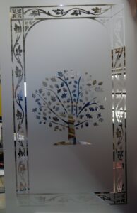 Frosted glass panel with coloured tree and border