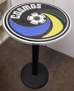 Fused glass round table top black roundel with football and coloured bands