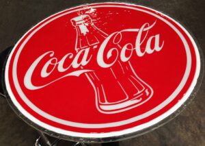 Fused glass round table top red and white bottle design