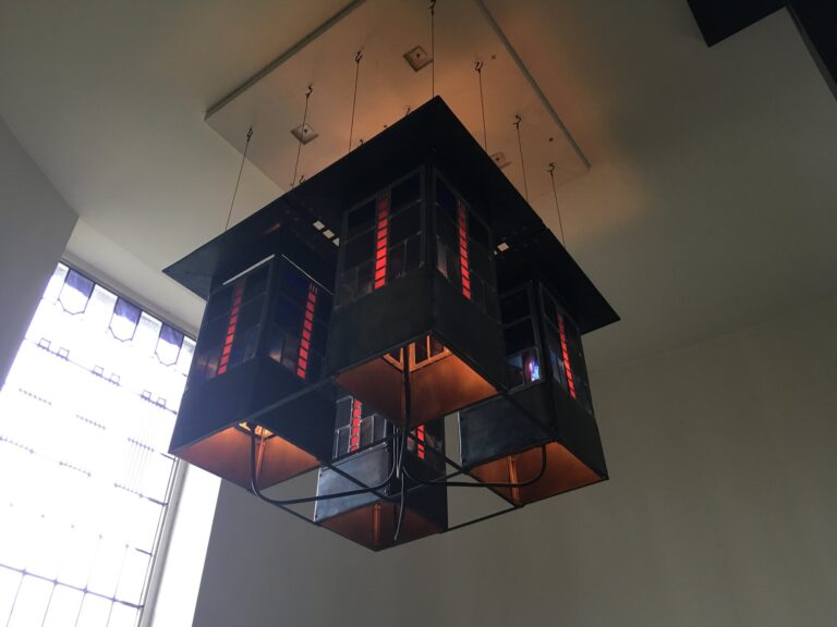 Hanging lantern in dark metal and glass at House for an Art Lover