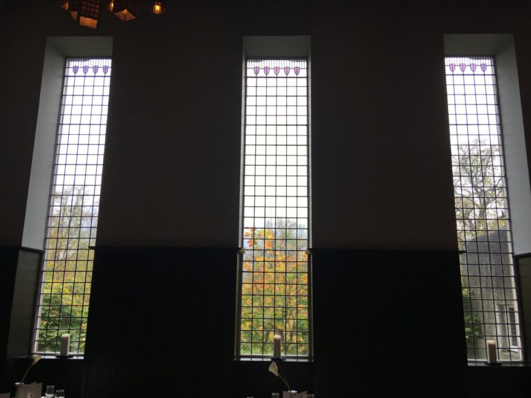 Window with pink tulip shapes above a lead grid at House for an Art Lover