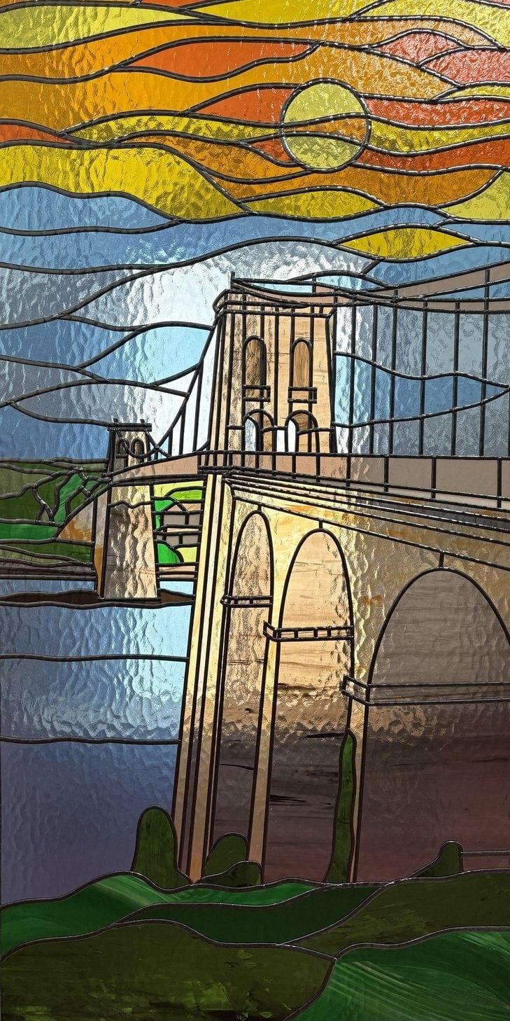 Overlay stained glass panel suspension bridge sunrise glass only