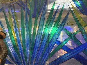 Painted agave glass wall blue and green leaves