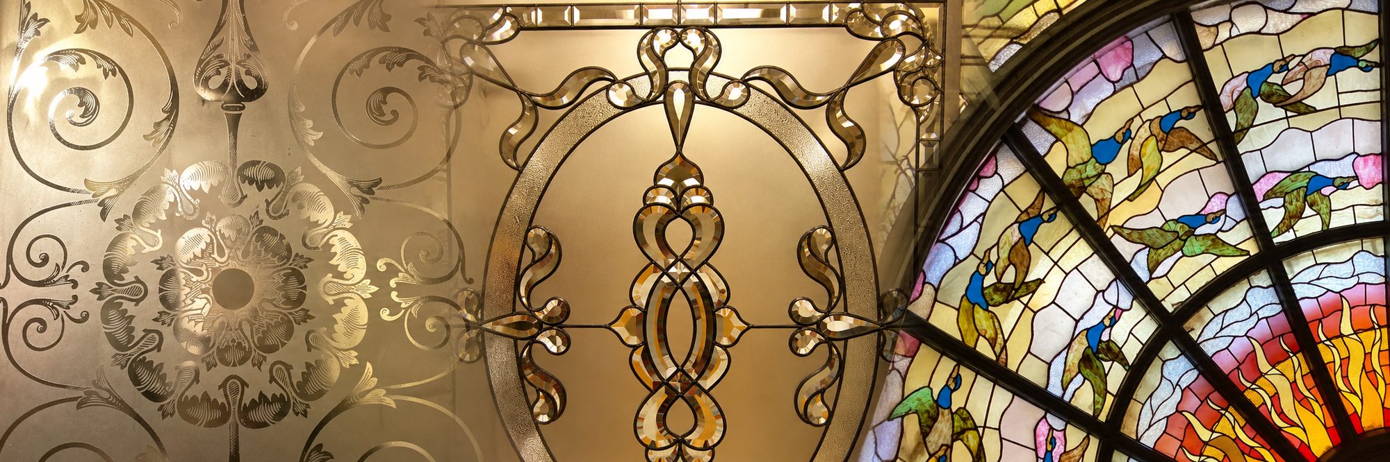 Etched glass, bevelled glass and a stained glass dome