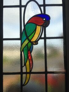 Stained glass parrot window close up