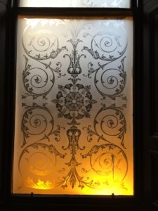 Tall Etched Window Panel with Symmetrical Scrolls, Acid Etched Glass