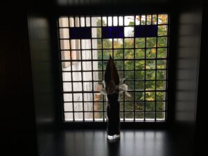 Tall Leaded Window with Blue Glass Panes at the Top, Leaded Lights