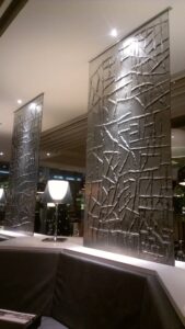 Textured cast glass columns with lighting