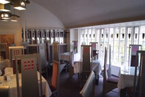 Front saloon windows of the Willow Tea Rooms with purple leaded glass, photographed in 2013