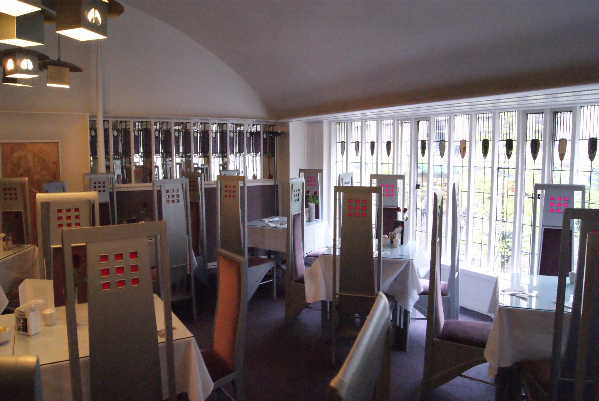 Front saloon windows of the Willow Tea Rooms with purple leaded glass, photographed in 2013