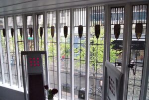 Leaded windows of the Willow Tea Rooms looking over Sauchiehall Street, photographed in 2013