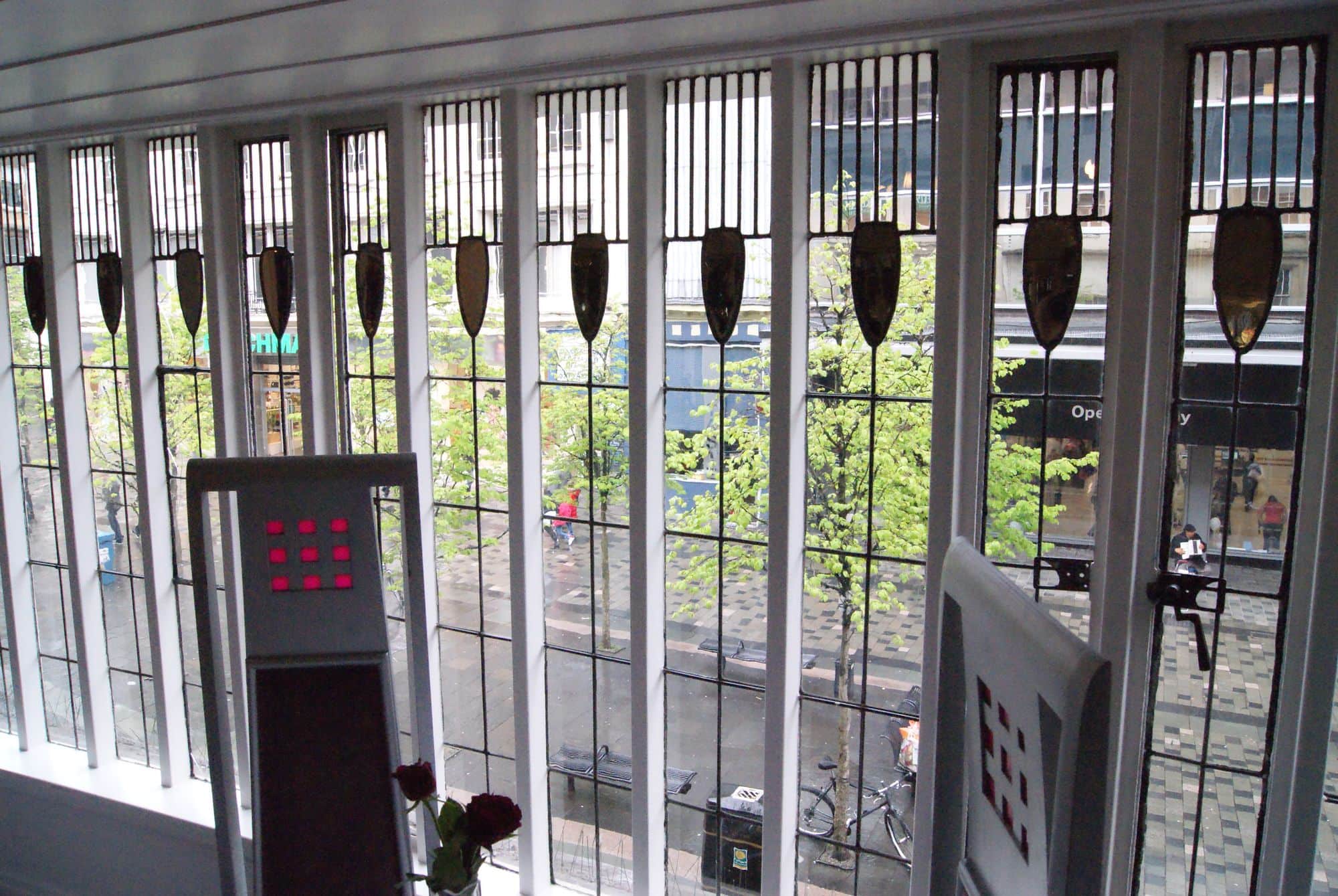 Leaded windows of the Willow Tea Rooms looking over Sauchiehall Street, photographed in 2013