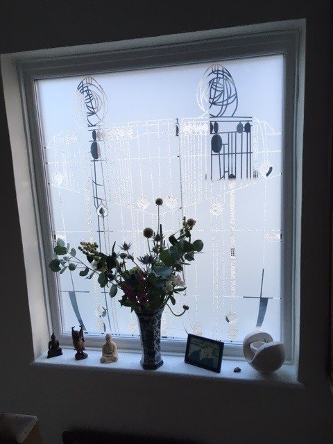 Window with mackintosh style sandblasted design